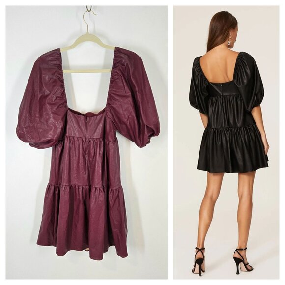 Amanda Uprichard Red Faux Leather Maisie Mini Dress Puff Sleeves Women's Medium - Picture 7 of 11